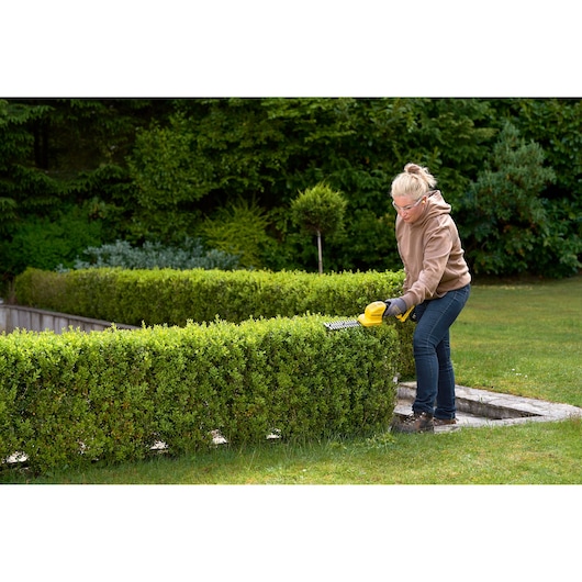 Photo of a person trimming a hedge with a STANLEY STCSS20D1 hedge trimmer in a garden.