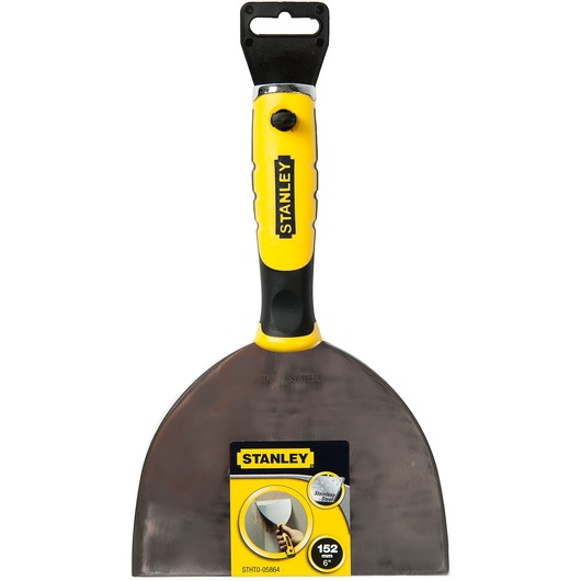Stanley STHT0-05864 stainless steel putty knife with yellow and black handle, front view on white background.