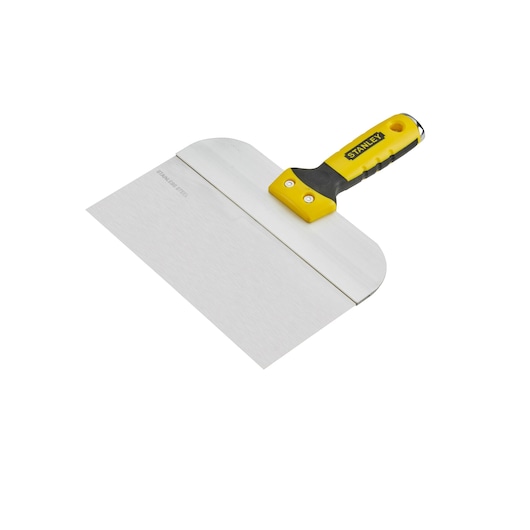 Stanley plastering knife with wide stainless steel blade and yellow-black handle for smoothing surfaces.