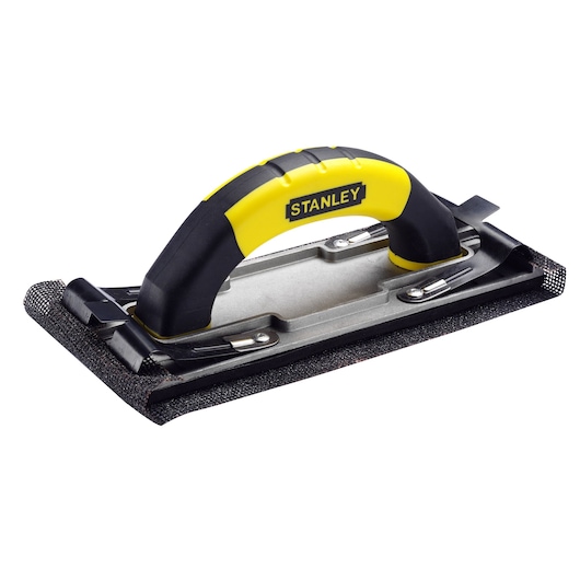 STANLEY STHT0-05927 hand sander with yellow and black handle, side angle, white background.