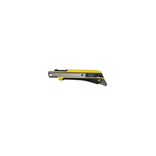 Photo of STANLEY STHT0-10191 yellow and black snap-off utility knife, side angle, on white background.