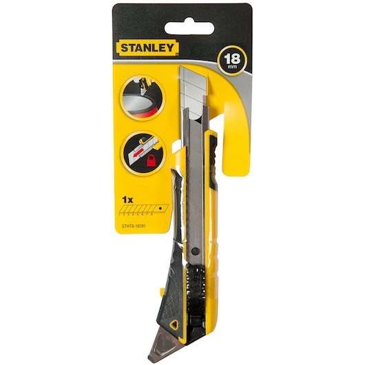 STANLEY STHT0-10191 utility knife with retractable blade in retail packaging, front angle.