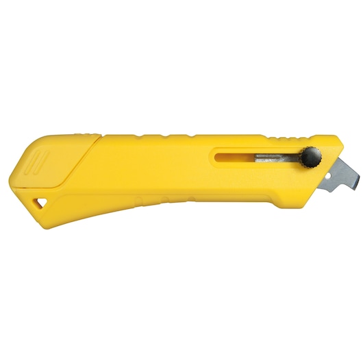 STANLEY STHT0-10192 yellow utility knife side view with retractable blade and black slider, on white background.