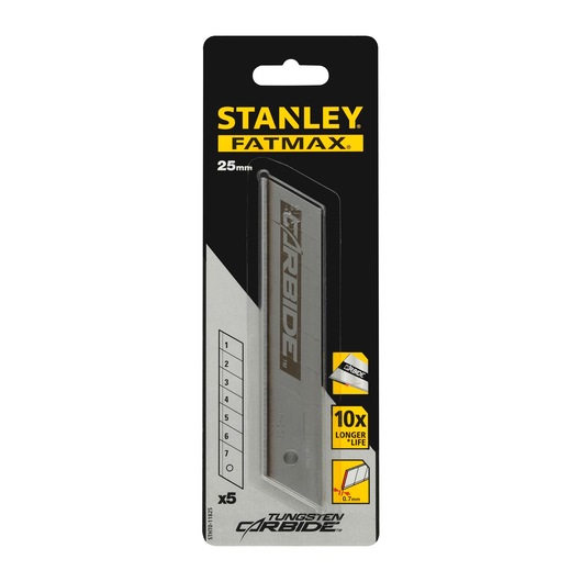 STANLEY FATMAX STHT0-11825 25mm tungsten carbide utility knife blades, pack of 5, front packaging photo.