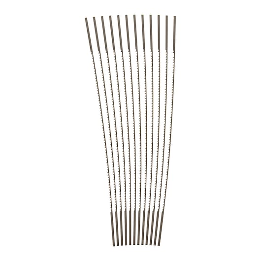 Photo of STANLEY STHT0-20129 scroll saw blades set, 12 metal blades fanned out, white background.
