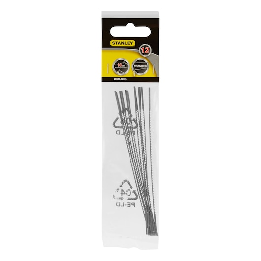 STANLEY STHT0-20129 hacksaw blade pack, front angle, 12 metal blades in clear plastic packaging.