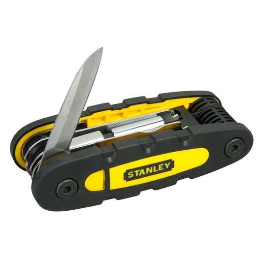 STANLEY STHT0-70695 black and yellow multi-tool with open knife blade, product photography, angled view.