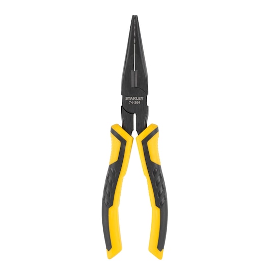 Photo of STANLEY STHT0-74364 long nose pliers with yellow and black grips, front angle on white background.