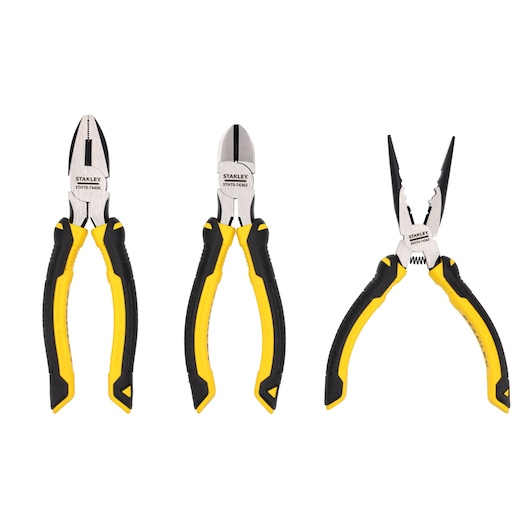 Stanley plier set with three types: combination, diagonal cutting, and long nose, featuring yellow and black handles.