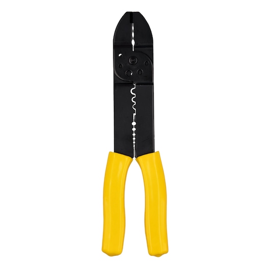 Wire stripper with black metal jaws and yellow handles, tool used for cutting and stripping electrical wires.