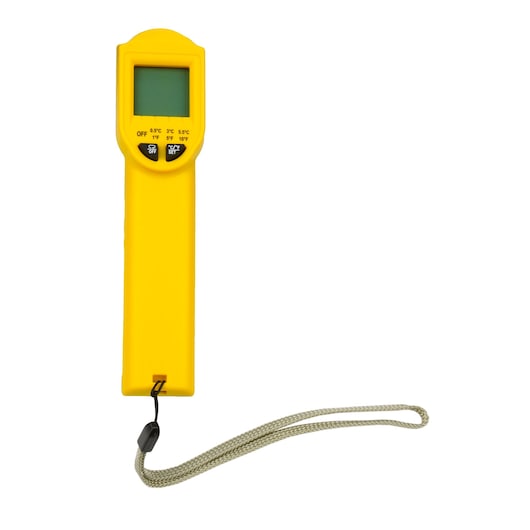 STANLEY STHT0-77365 yellow electronic thermometer with LCD screen, buttons, and wrist strap, front angle.