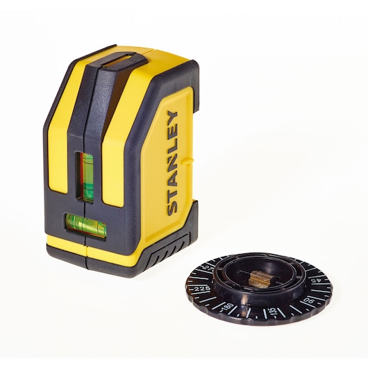 STANLEY STHT1-77148 yellow and black laser level with rotary base, front angle, photography category.