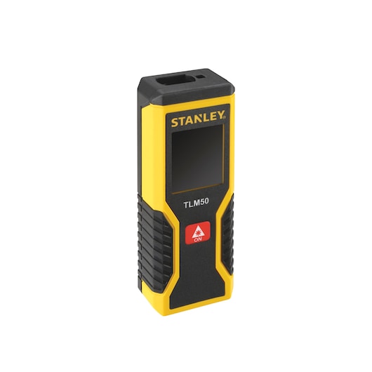 Photo of STANLEY TLM50 laser distance measurer, SKU STHT1-77409, yellow and black, angled view on white background.