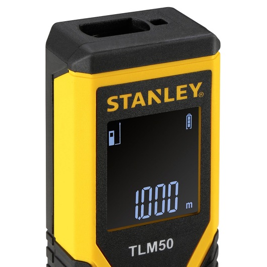 STANLEY TLM50 laser distance measurer SKU STHT1-77409 front angle, yellow and black with digital display.