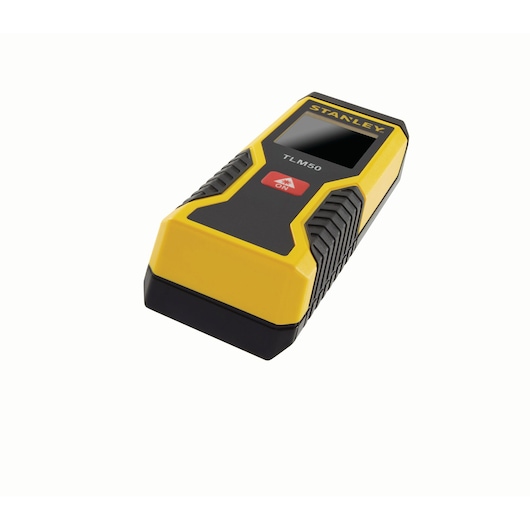 STANLEY STHT1-77409 laser distance measurer, yellow and black, angled front view on white background.