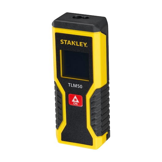 Photo of STANLEY STHT1-77409 laser distance measurer TLM50, yellow and black front angle.