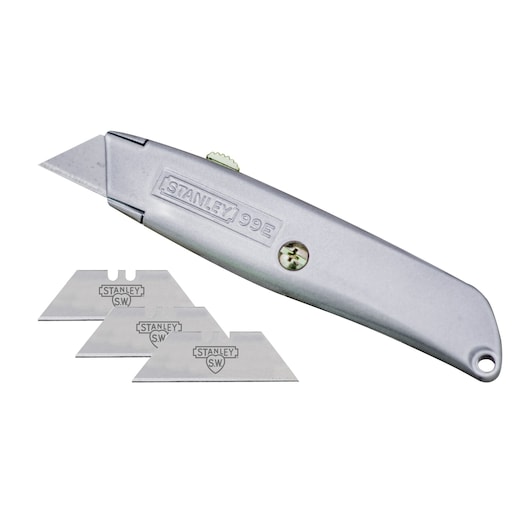 STANLEY STHT10099G silver utility knife with three spare blades, side view on white background.