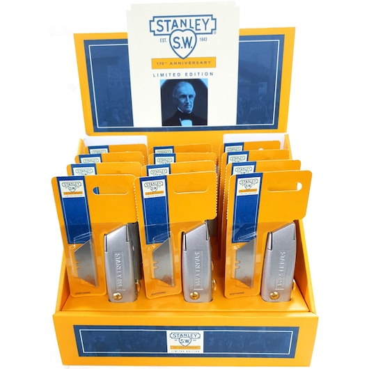 STANLEY STHT10099G utility knives display box, limited edition 175th anniversary, front angle photo.