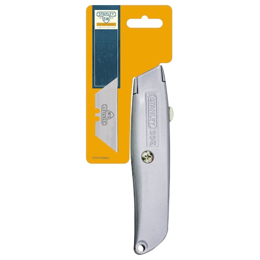 Stanley STHT10099G utility knife with silver metal body and blade, front angle, packaged on yellow card.