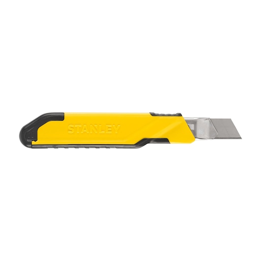 Stanley STHT10266-1 yellow and black utility knife, photography, side view on white background.