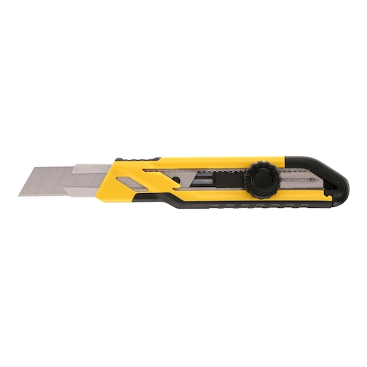 STANLEY STHT10268-0 yellow and black utility knife with segmented blade, side view on white background.