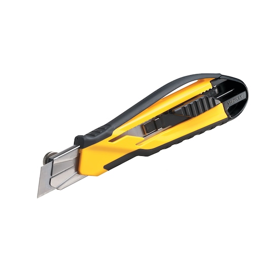 STANLEY STHT10270-0 utility knife, yellow and black, angled side view, photography on white background.