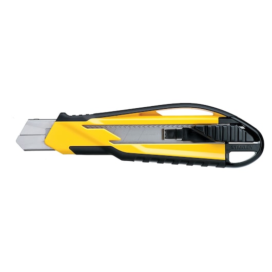 STANLEY STHT10270-0 utility knife with snap-off blade, yellow and black, side angle on white background