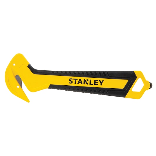 Stanley safety utility cutter, yellow and black, side angle on white background