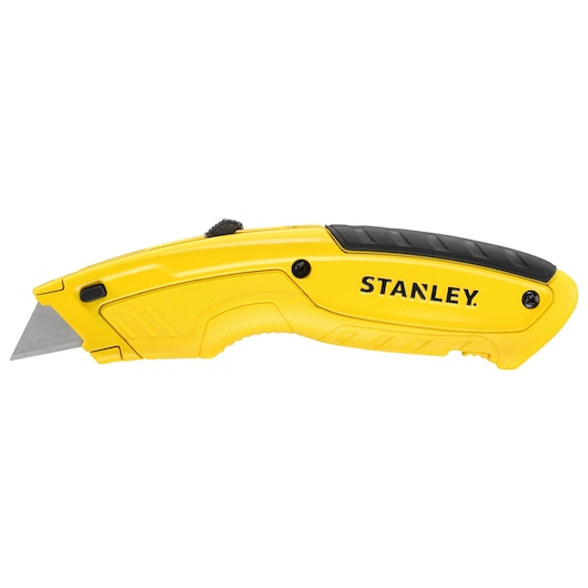 Photo of STANLEY STHT10430 yellow utility knife with black grip, side view on white background.