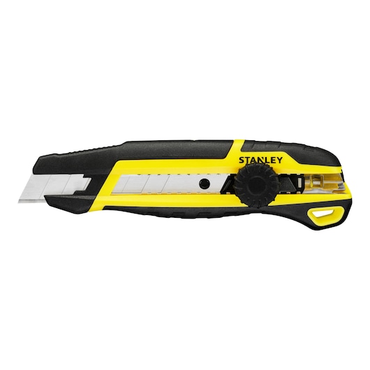 Photo of STANLEY STHT10500-0 utility knife with black and yellow body, shown from side on white background.