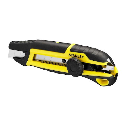 STANLEY STHT10500-0 utility knife, black and yellow, side angle, photography of cutting tool.