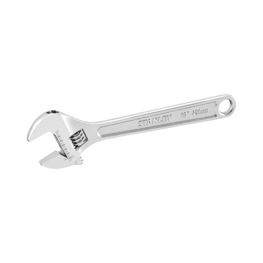 Silver adjustable wrench with STANLEY branding, 10 inch length, metal handle, and measurement markings on the jaw.