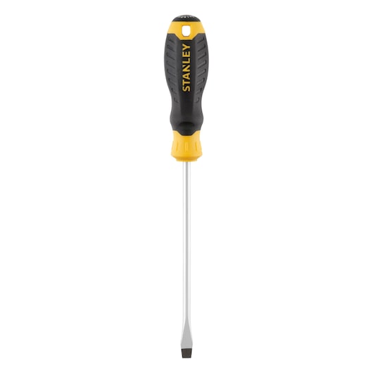 STANLEY STHT16148-0 slotted screwdriver with yellow and black handle, front view on white background.