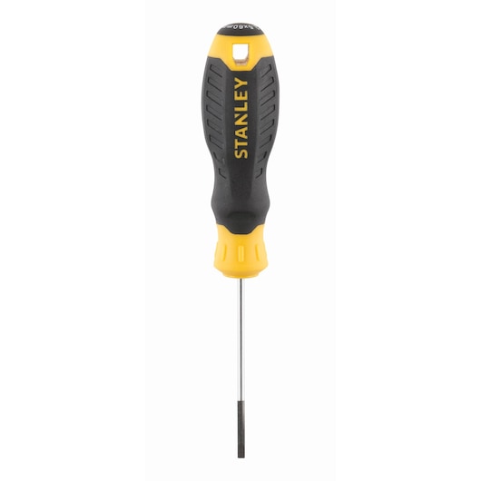 STANLEY STHT16151-0 screwdriver, black and yellow handle, flat head, front view on white background.