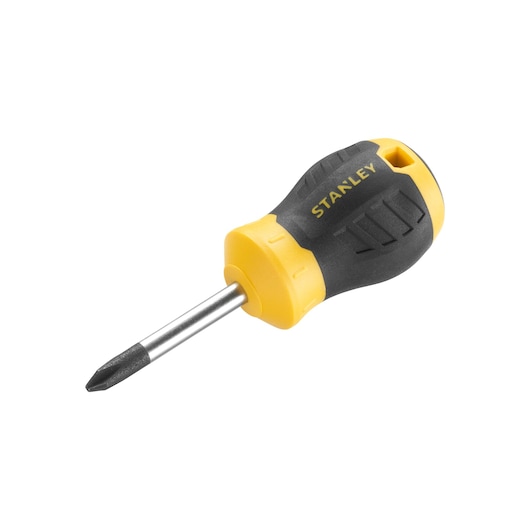 STANLEY STHT16157-0 stubby Phillips screwdriver with yellow and black handle, side angle, white background.