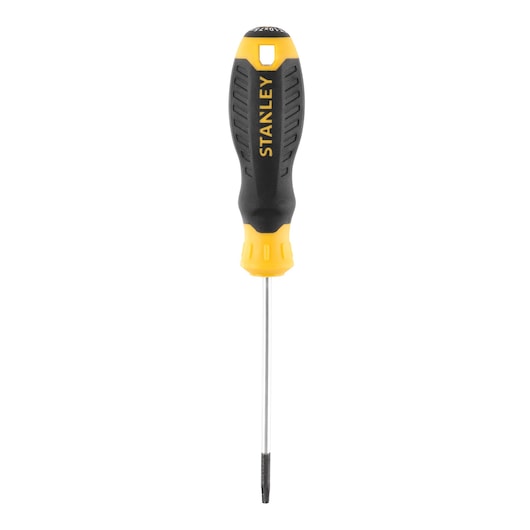STANLEY STHT16177-0 screwdriver with black and yellow ergonomic handle, front angle on white background.