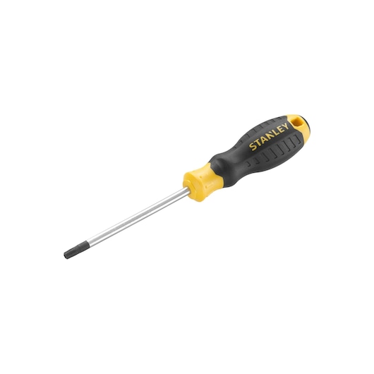 Photo of STANLEY STHT16182-0 screwdriver with black and yellow handle, side angle on white background.