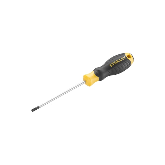 STANLEY STHT16195-0 flathead screwdriver with black and yellow handle, side angle, white background.