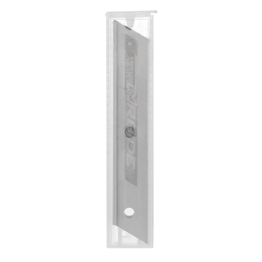 STANLEY STHT2-11818 utility knife blade in transparent plastic case, front view, silver blade visible.