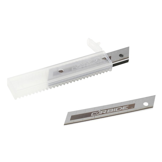 Stanley snap-off utility blades with carbide label, one blade outside and several stored in a transparent plastic case.