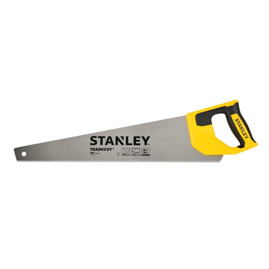 Stanley hand saw with yellow and black handle, 20 inch blade, flat side angle on white background