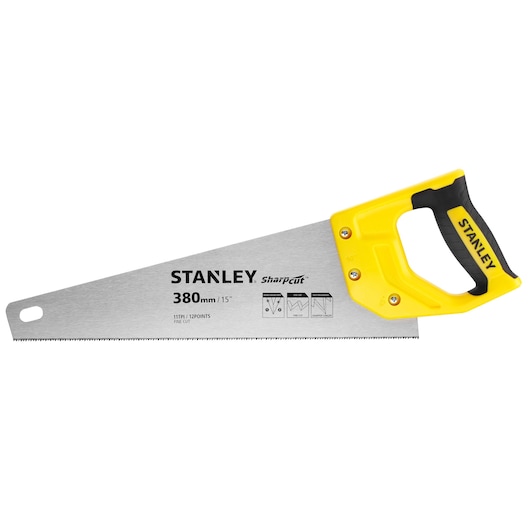 Photo of STANLEY STHT20369-1 hand saw with yellow and black handle, 380mm blade, white background, product side view.