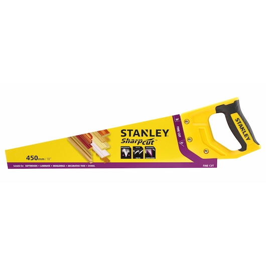 STANLEY STHT20370-1 hand saw, yellow and black handle, 450mm blade, side angle on white background.