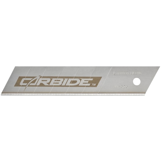 STANLEY STHT3-11825 snap-off carbide utility blade, side angle, silver with gold branding.