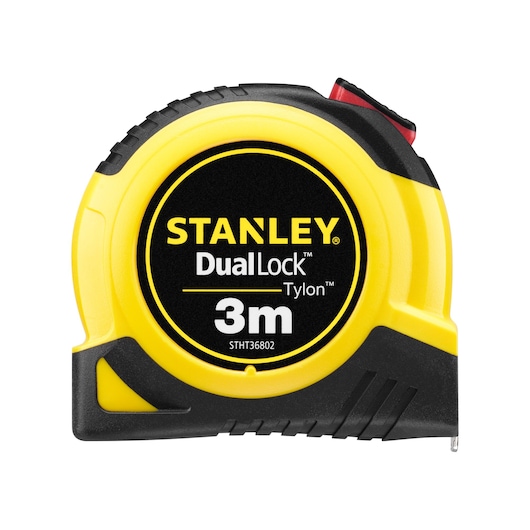 STANLEY STHT36802-0 DualLock Tylon 3m tape measure, yellow and black, front angle photo.