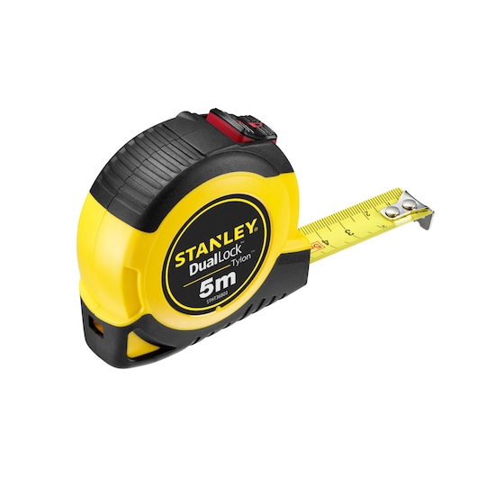 STANLEY STHT36803-0 DualLock 5m tape measure, yellow and black, angled view on white background.