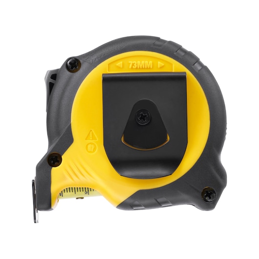 STANLEY STHT37231-0 tape measure, black and yellow, belt clip visible, product side angle, white background.