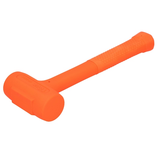 STANLEY STHT57531-0 orange dead blow hammer with textured handle, side angle, on white background.