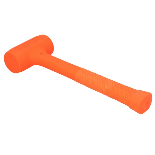 Stanley STHT57531-0 orange dead blow hammer, side angle, textured handle, on white background.
