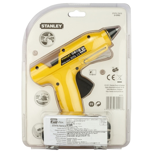 Stanley STHT6-70416 cordless glue gun, yellow and black, photographed in retail packaging, front angle.